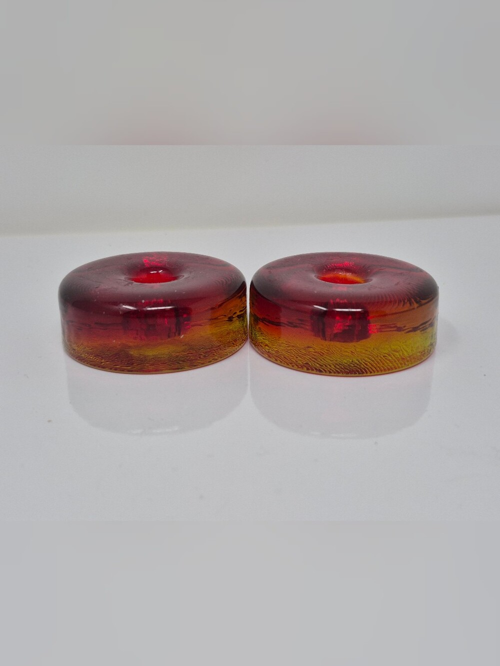 Vintage Pukeberg Swedish Art Glass Orange Red Disc Taper Candle Holders